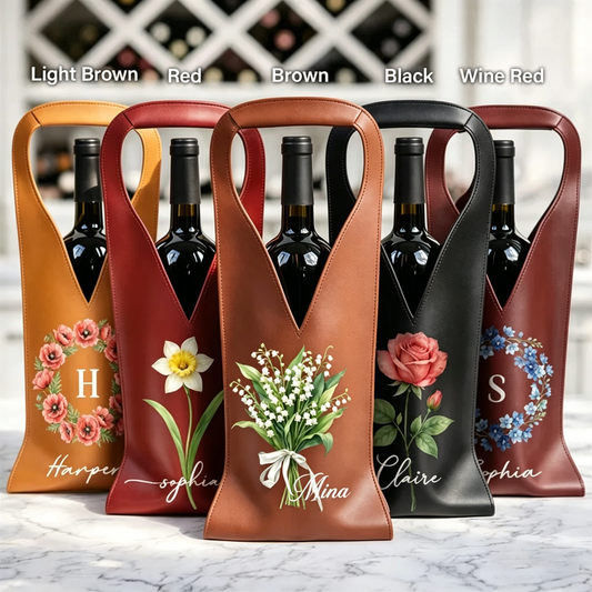 Personalized Leather Wine Bag - Watercolor Birth Flower Custom Name