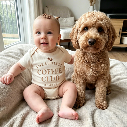 The Littlest Coffee Club Member Baby Romper, Coffee Lover Baby Outfit, Cute Coffee Baby Clothes, Coffee Baby Gift, Little Coffee Baby