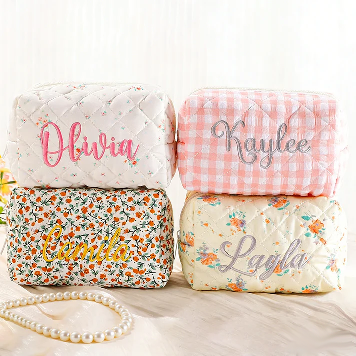 Personalized Floral Embroidered Makeup Bag