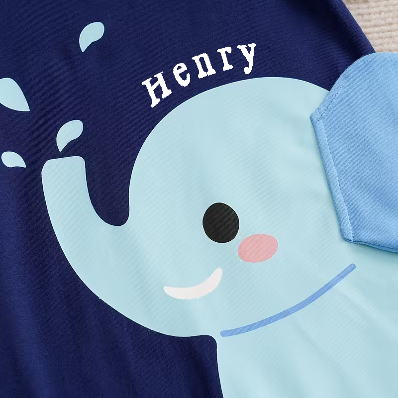 Personalized Infant and Toddler Short-Sleeved Spring And Summer Cartoon Cute Elephant Bodysuit, 100% Cotton, Custom Name, Baby Shower Gift