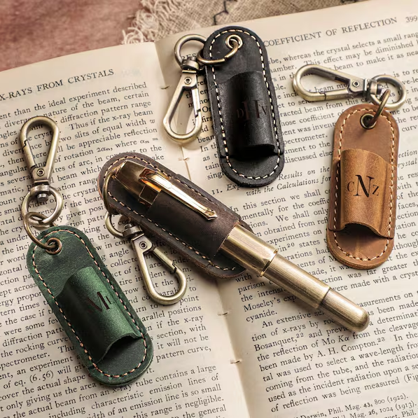 Personalized Handmade Genuine Leather Pen Holder, Eyeglass Clip, Portable Single Pen Sleeve, Multi-Use Leather Accessory with Keychain Hook