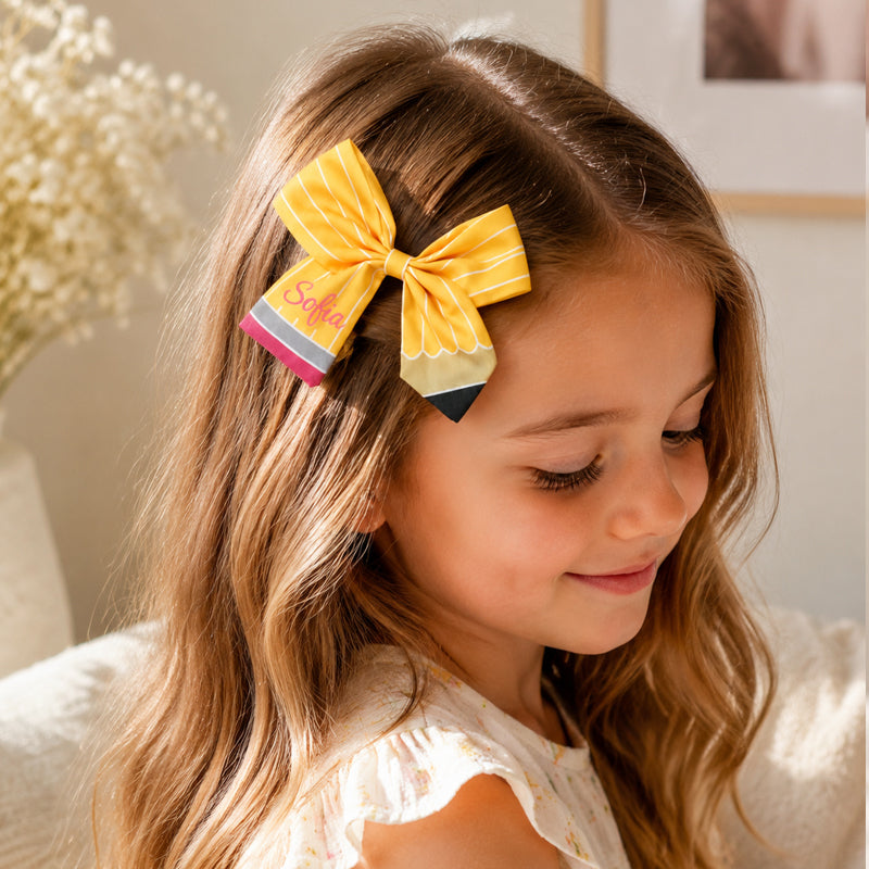 Personalized School Style Pencil Bow Hair Clip for Girls - Cute Fringe Hair Accessory