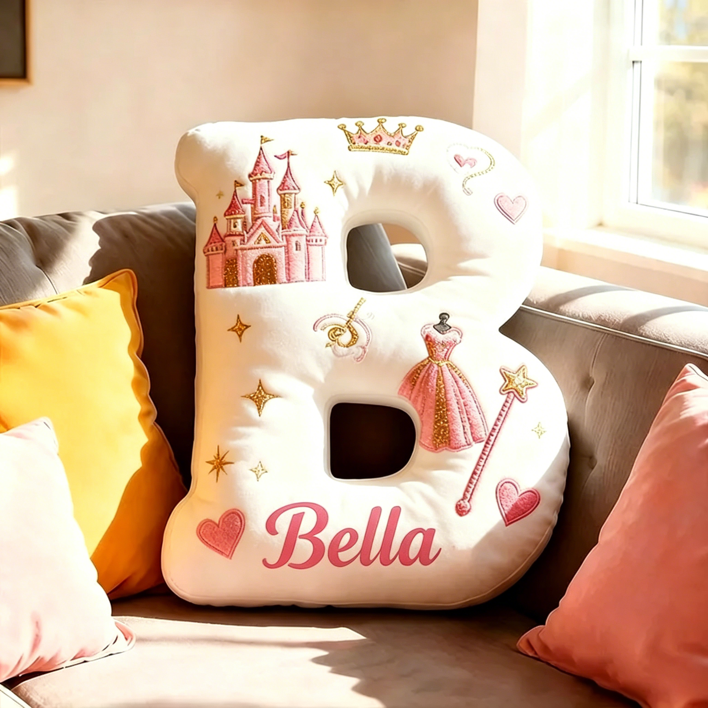 Personalized Princess Letter Name Custom Kids Gift Pink Castle Crown Dress Magic Fairytale Soft Decorative Graphic 3D Print Pillow