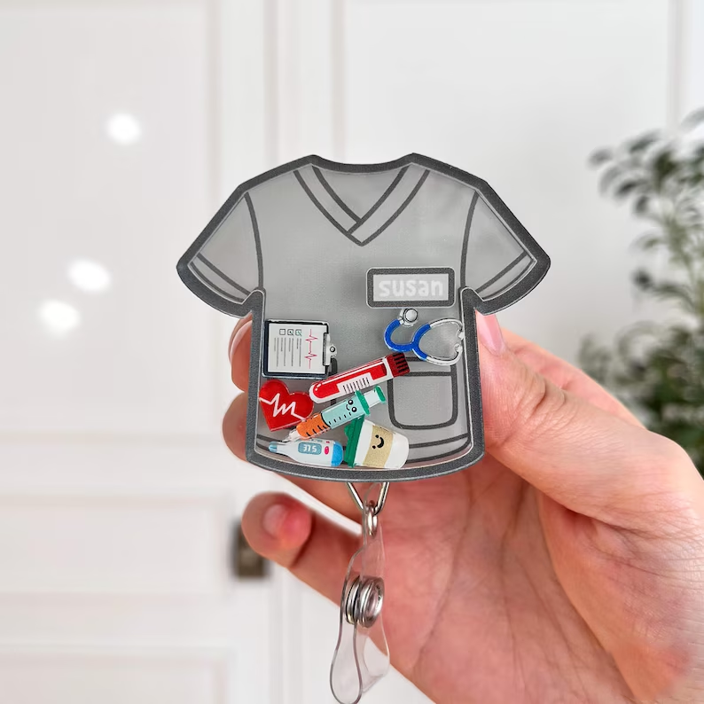 Custom Nurse Shaker Badge Reel with Name: Scrub Top ID Holder
