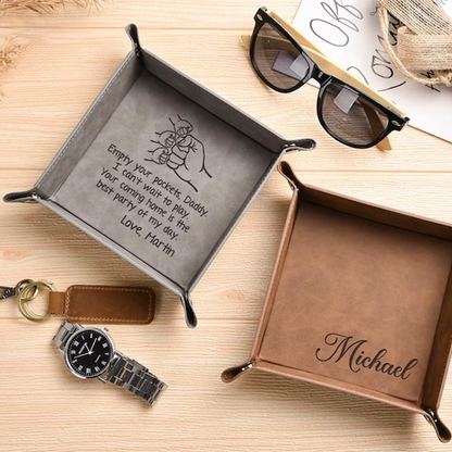 Initial Engraved Leather Valet Tray, Personalized Catchall Gift for Men
