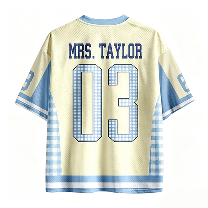 Personalized Grade And Name Gingham Pennant Teacher Mesh Jersey
