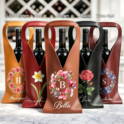 Personalized Leather Wine Bag - Watercolor Birth Flower Custom Name