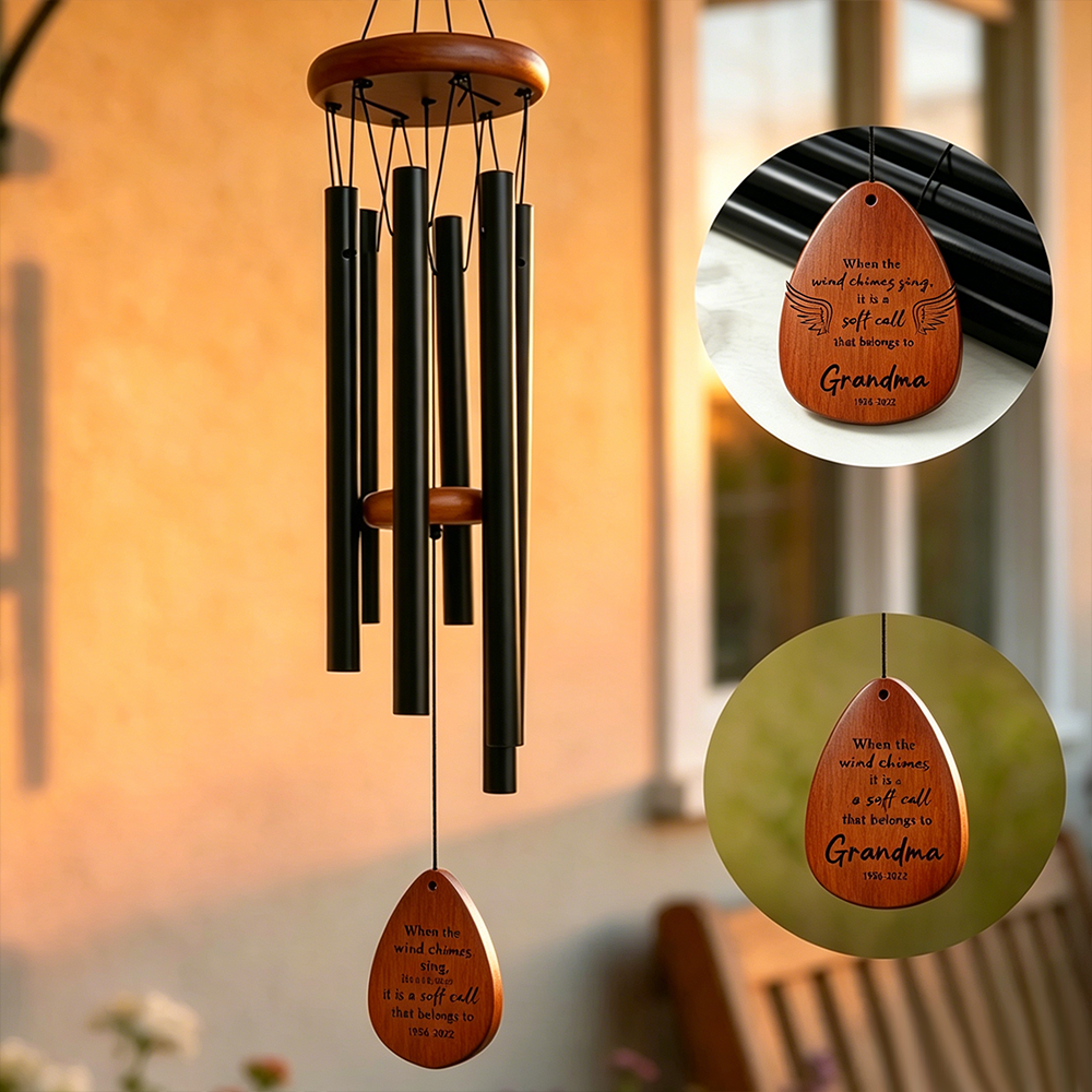 Personalized Photo Wooden Wind Chimes with Text and Date Memorial Ornament Sympathy Gift for Loss of Dad Mom