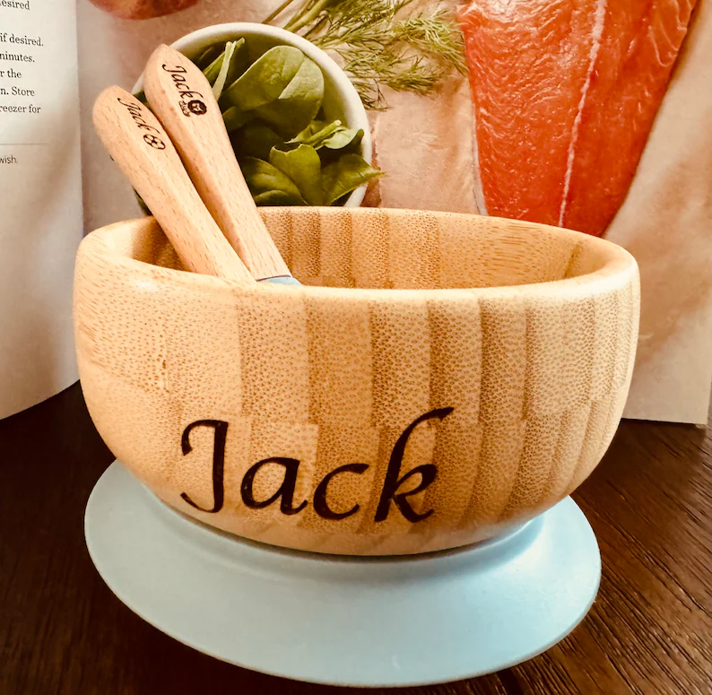 Personalized Bamboo Baby Dining Set: Engraved Name Plate, Weaning Bowl
