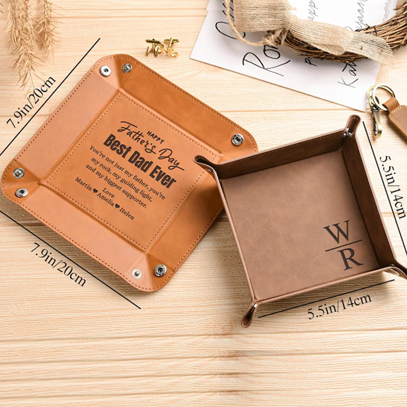 Initial Engraved Leather Valet Tray, Personalized Catchall Gift for Men