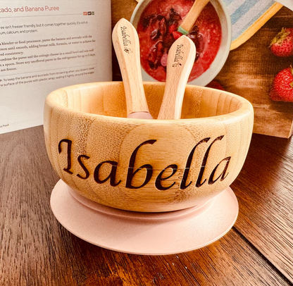 Personalized Bamboo Baby Dining Set: Engraved Name Plate, Weaning Bowl