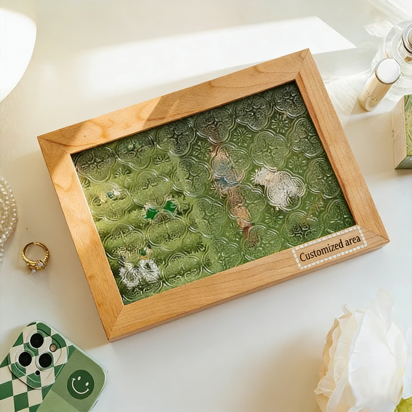Engravable Wooden Jewelry Box - vintage glass top with brass accents, mother's day gift for her
