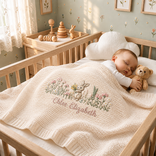 Personalized Bunny Baby Blanket, Embroidered Name with Balloon - Custom Name Baby Blanket, Newborn Gift