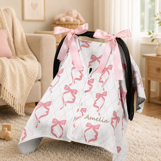 Embroidered Muslin Baby Car Seat Canopy, Custom Pink Bow Baby Girl Car Seat Canopy Cover, Infant Stroller Sun Shade cover, Baby Shower Gift