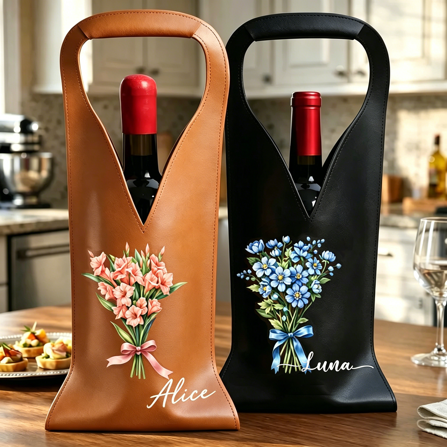 Personalized Leather Wine Bag - Watercolor Birth Flower Custom Name