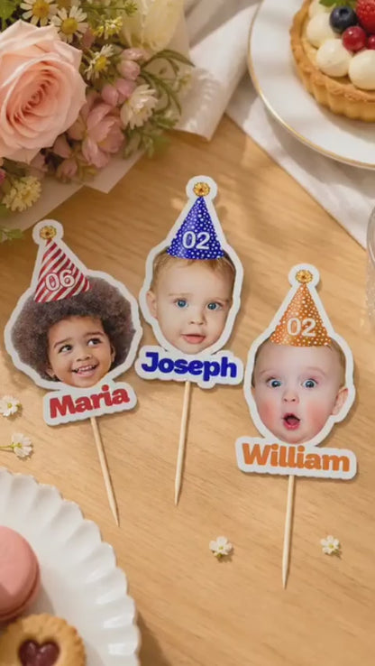 Personalized Birthday Hat Photo Cupcake Topper with Name and Number Party Supplies Birthday Gift for Parents Family Friends