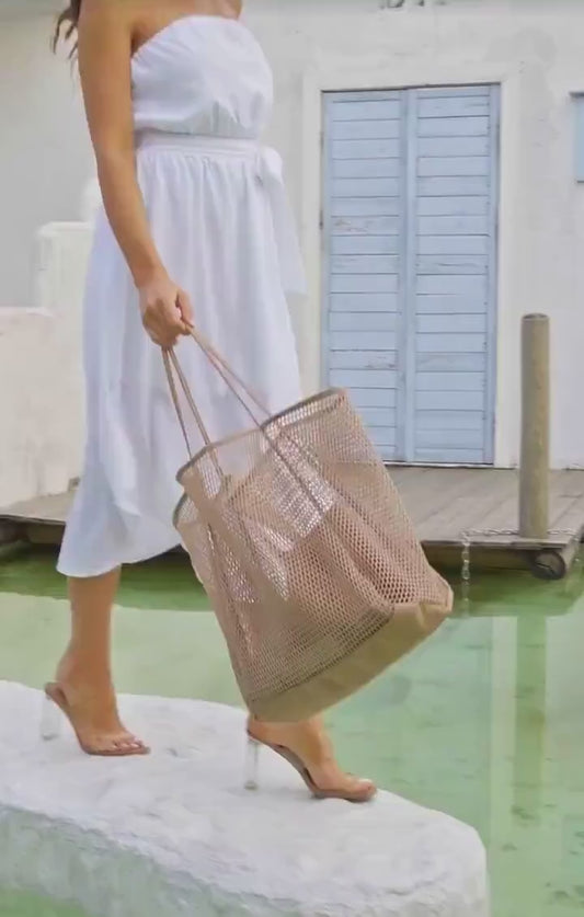 Personalized Beach Tote Bag: Sandproof Nylon Mesh, Leather Patch, Multi-pocket Tote