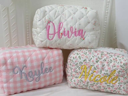 Personalized Floral Embroidered Makeup Bag