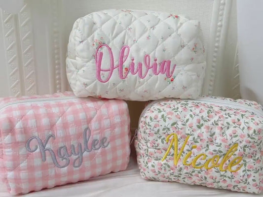 Personalized Floral Embroidered Makeup Bag