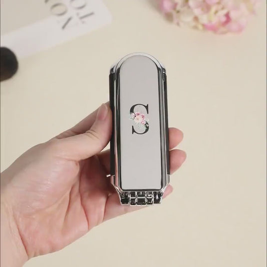 Personalized Stylish Floral Portable 2-In-1 Foldable Makeup Mirror Hair Brush with Initial Daily Use Mother's Day Birthday Gift for Mom Women Girls