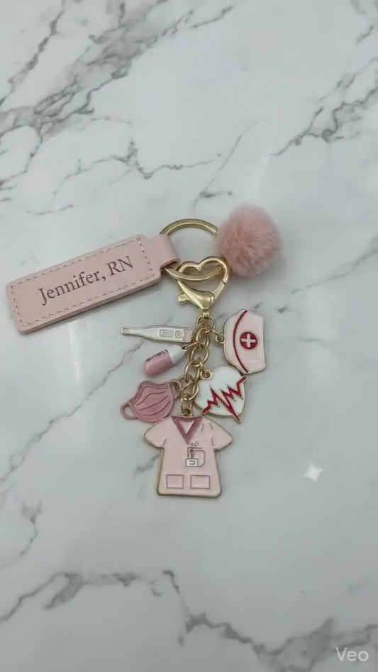 Personalized Nurse Keychain Engraved Vegan Leather Tag with Medical Charms