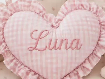 Personalized Embroidered Gingham Pillow, Custom Name Heart Cushion, Nursery Decor