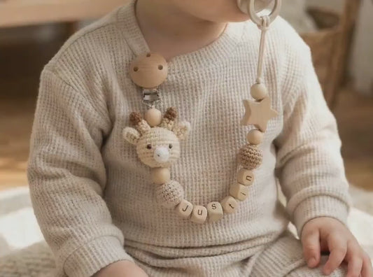 Personalized Crochet Pacifier Clip, Neutral Boho Pacifier Holder, Custom Name Baby Accessory, Newborn Baby Shower Gift