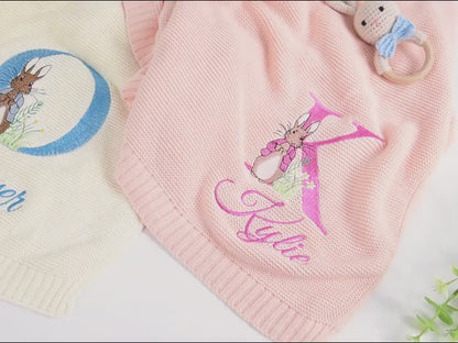 Personalized Embroidered Rabbit Baby Blanket, Soft Cotton Knit Blanket, Custom Baby Name Blanket